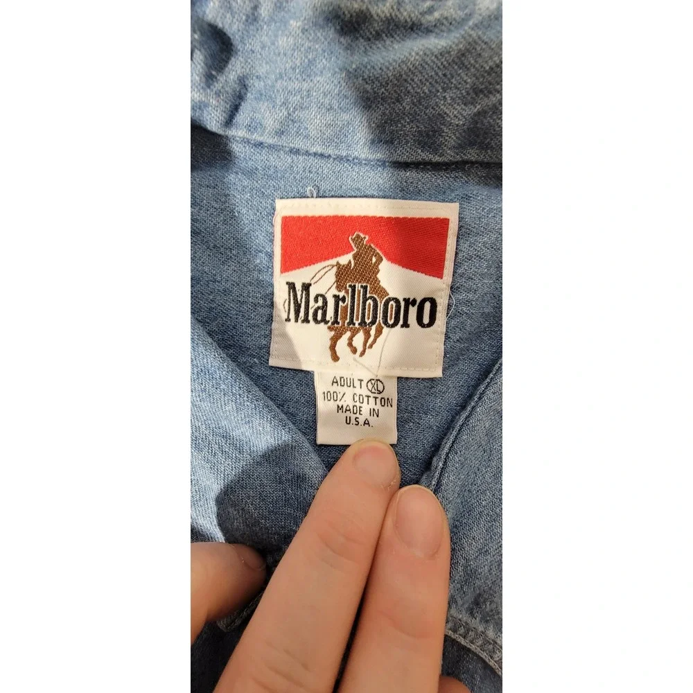 Vintage Marlboro Adventure Team Blue Denim Button Down Shirt Mens XL Made in USA